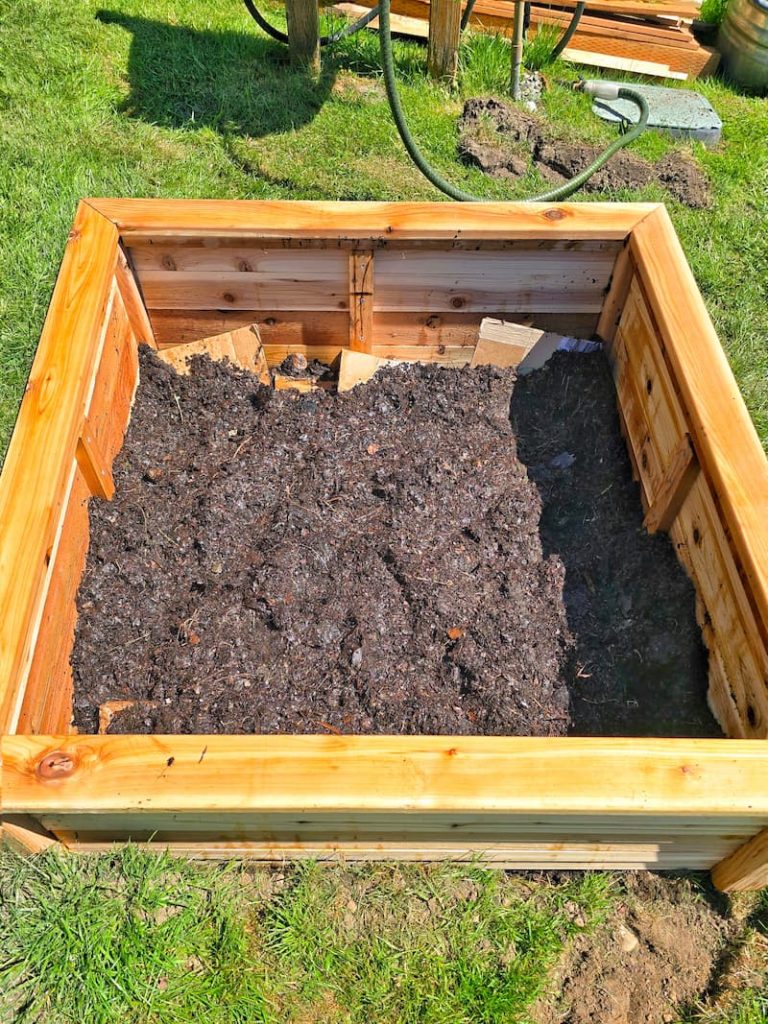 raised bed filled with cardboard, leaf mulch and dirt