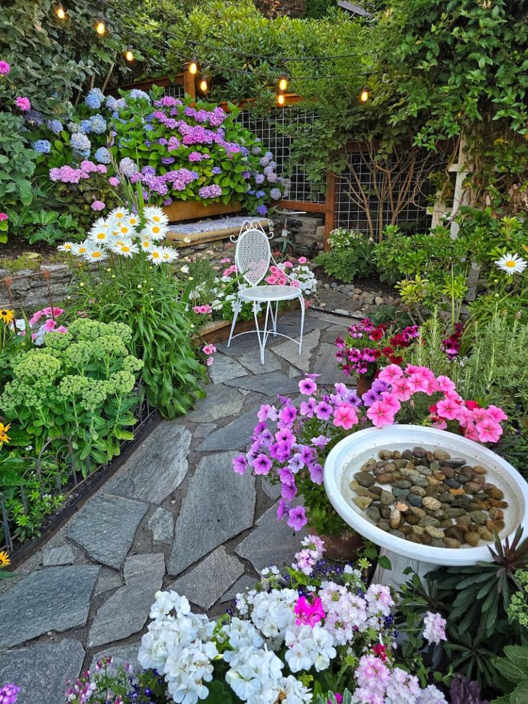 summer garden patio with cottage style flowers