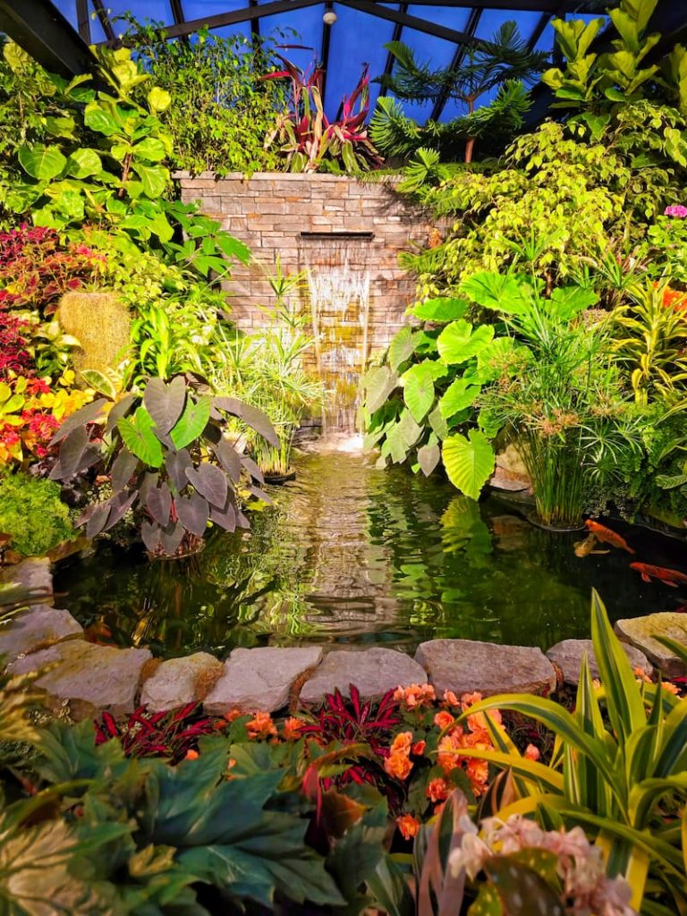 the Butchart Gardens greenhouse and waterfall