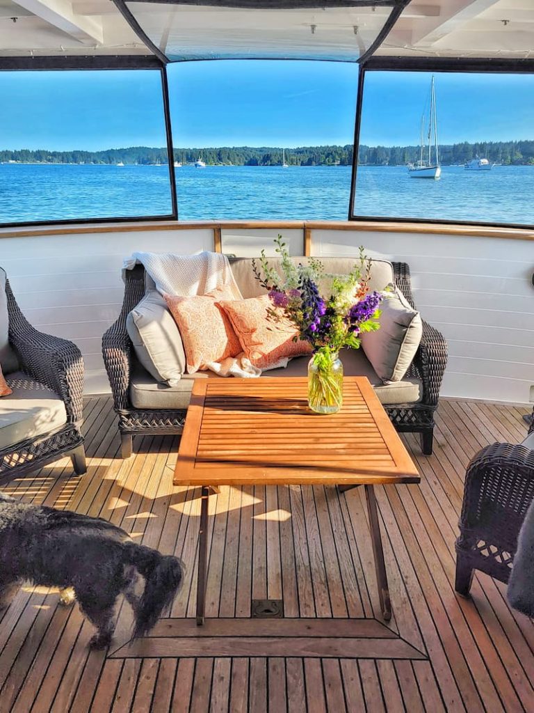 boat cockpit with flowers on the table