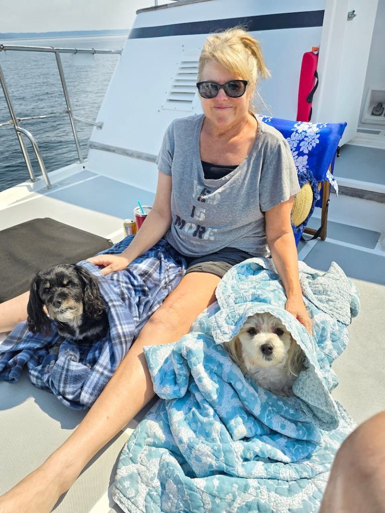 me and the dogs sitting at the front of the boat