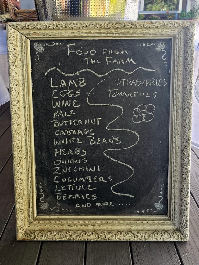 chalkboard with the food from the farm listed