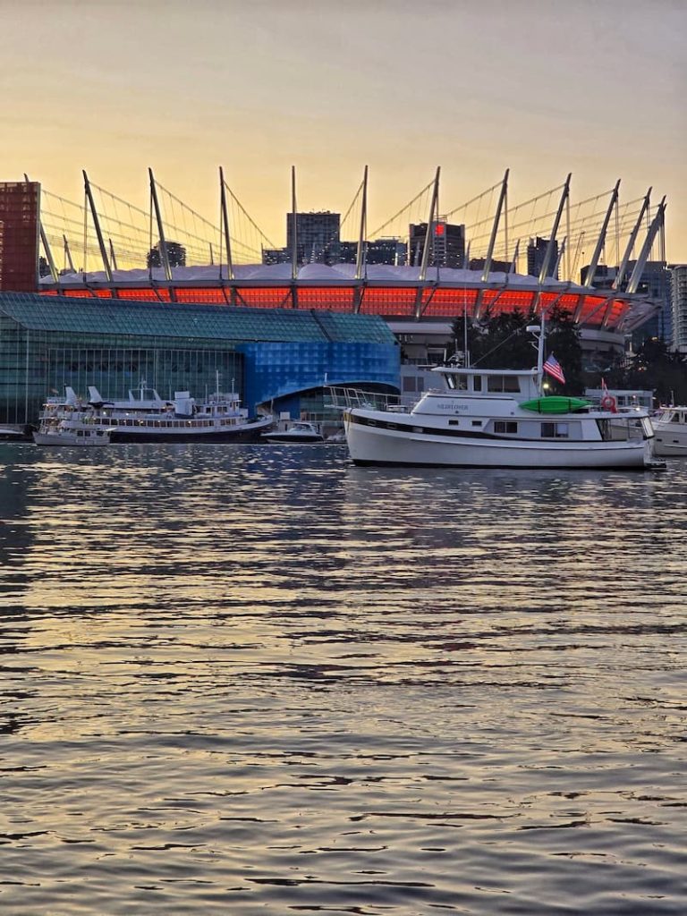 B.C. Place Stadium lit up in the evening