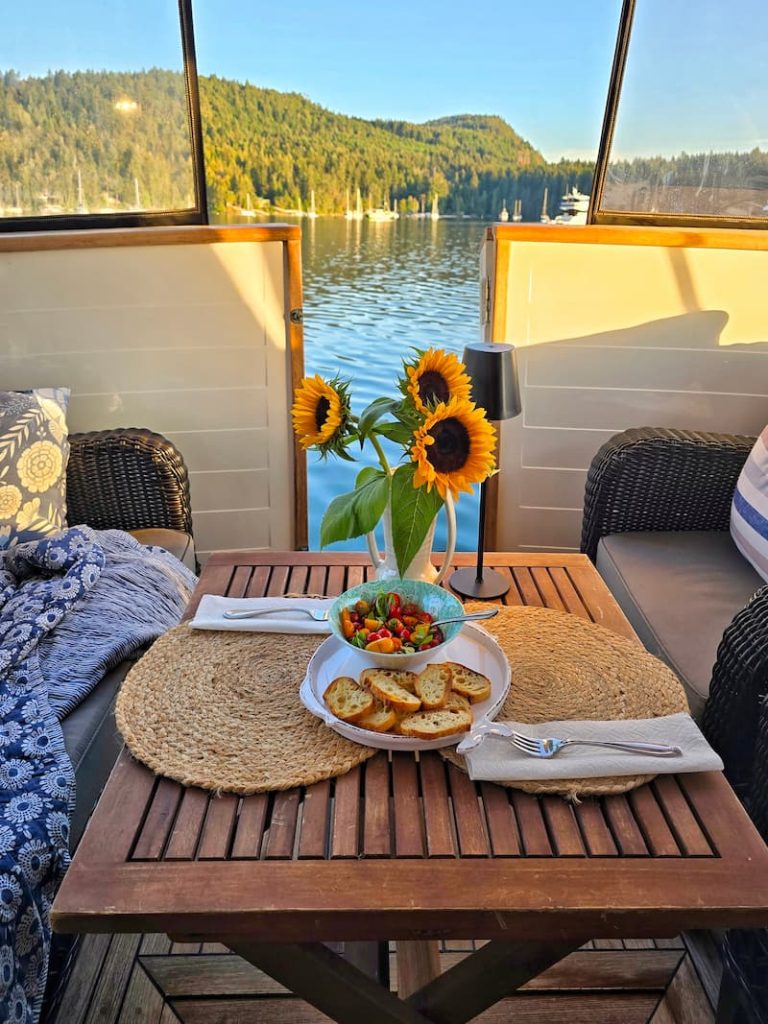 table with sunflowers on boat in the cockpit