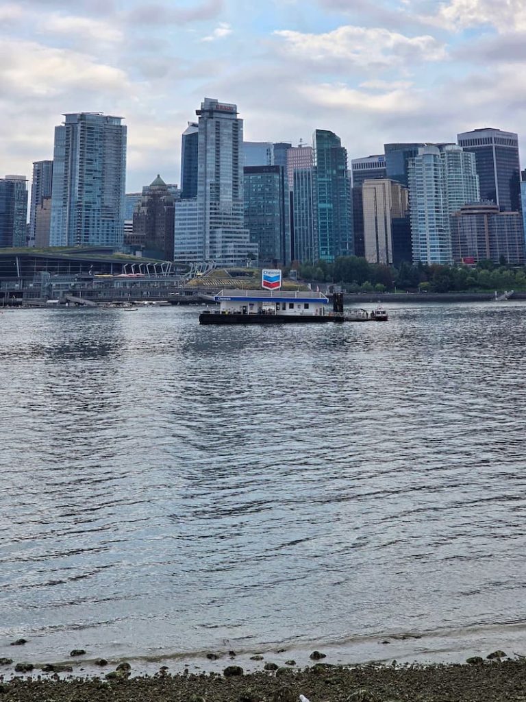 looking at the gas station in the middle of the water in Vancouver B.C.