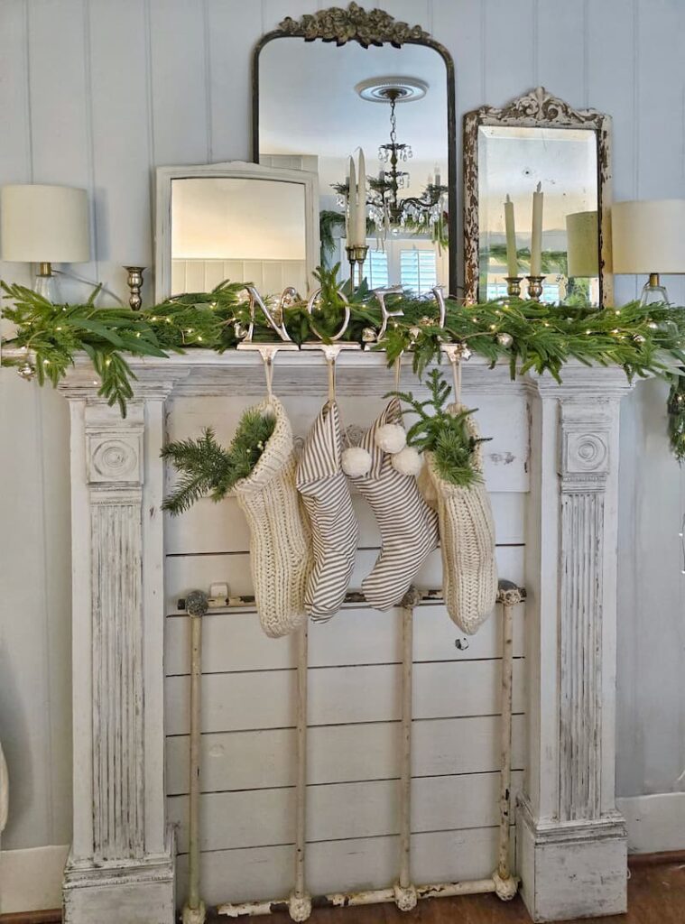 fireplace mantel decorated for Christmas