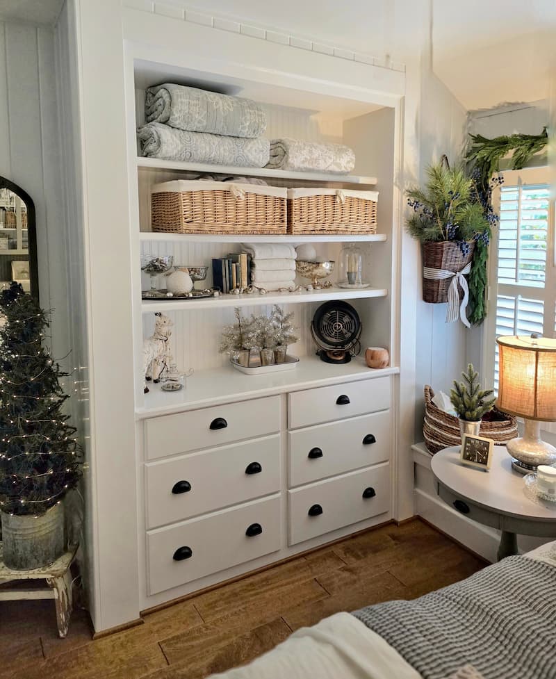 cottage bedroom decorated for Christmas