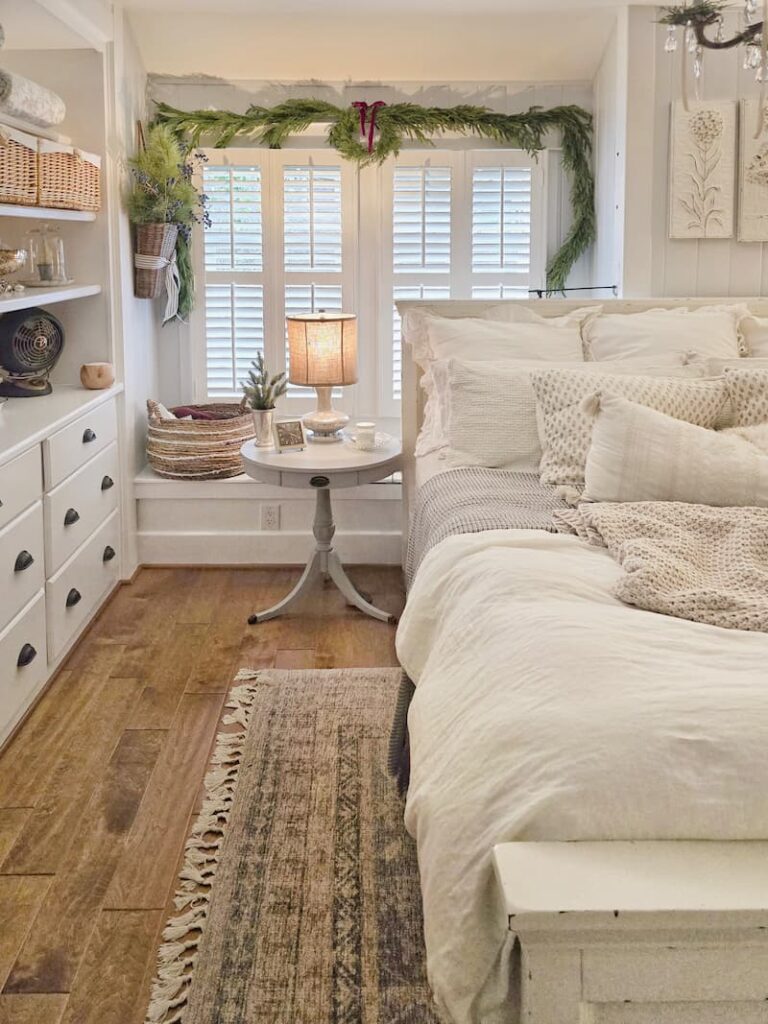 cottage bedroom decorated for Christmas