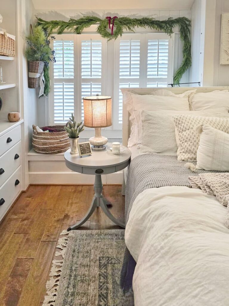 cottage bedroom decorated for Christmas