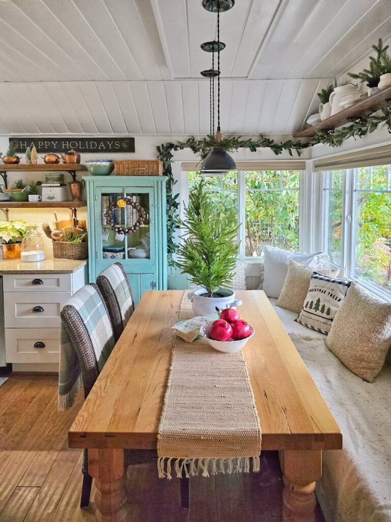 cottage kitchen eating nook decorated for Christmas