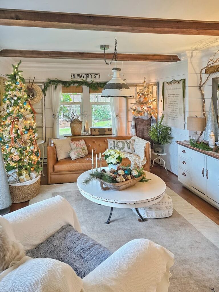 cottage style Christmas decor in living room