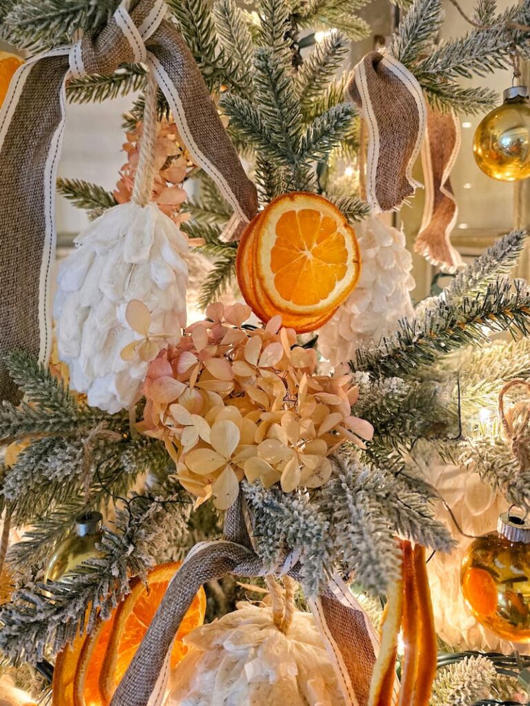 Christmas tree with dried orange slices and dried hydrangeas