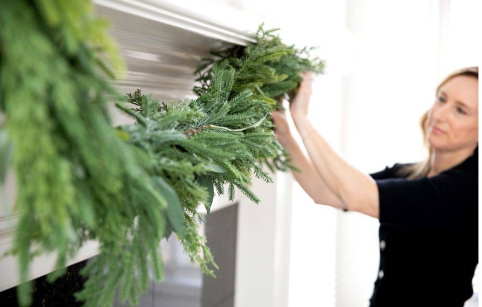 hanging garland on the mantel