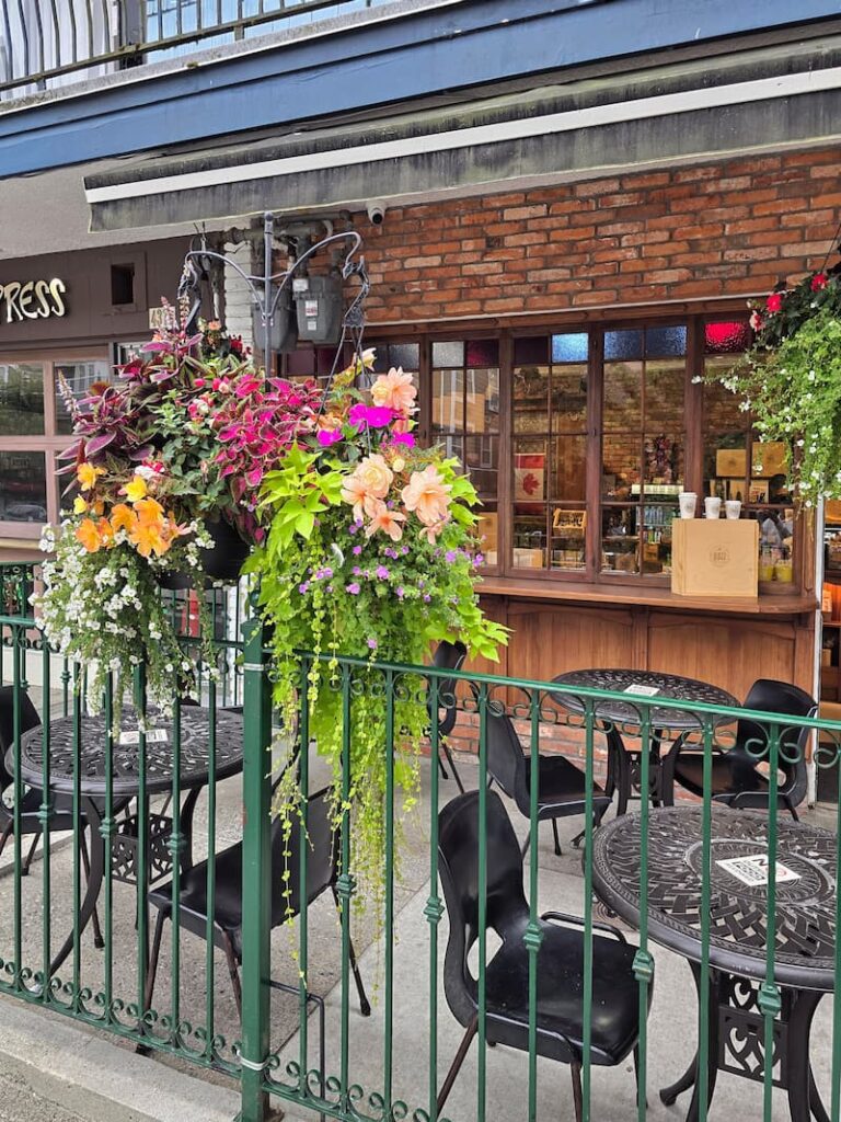 hanging flowers at one of the restaurants in Deep Cove