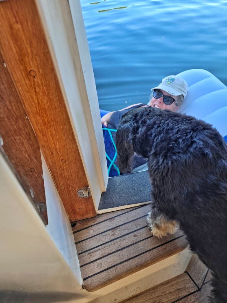 on the air mattress with black dog watching