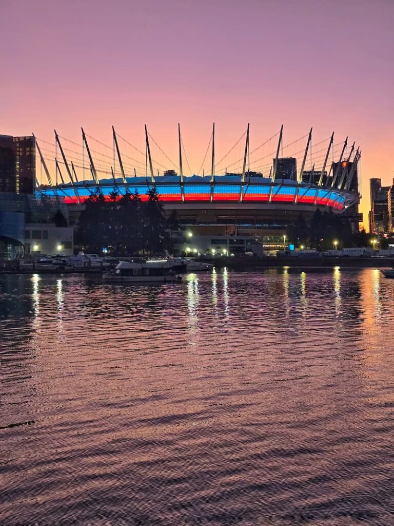 Rogers Arena near False Creek, Vancouver lit up at night