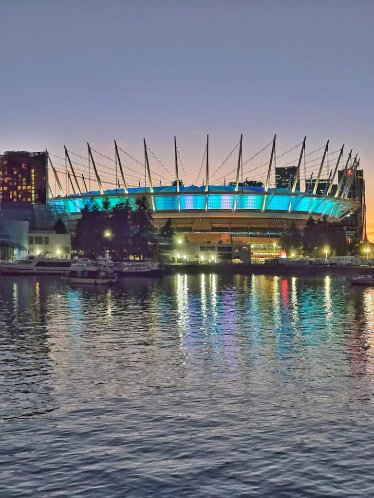 Rogers Arena near False Creek, Vancouver lit up at night