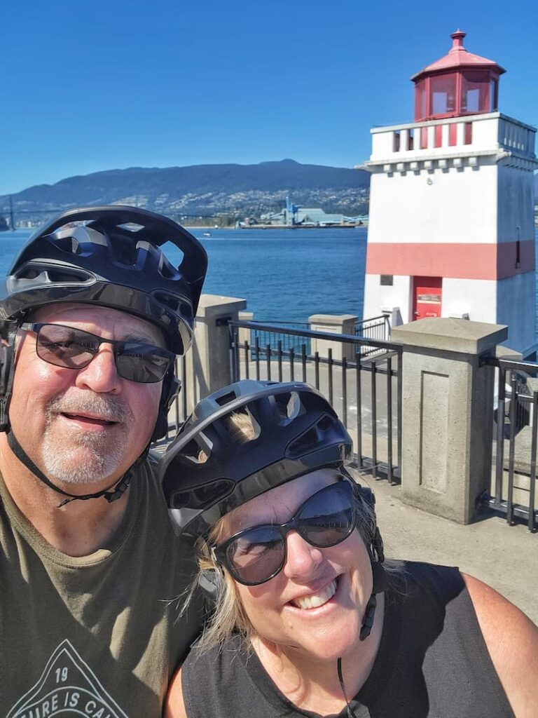 riding bikes on Stanley Park trail in Vancouver, BC