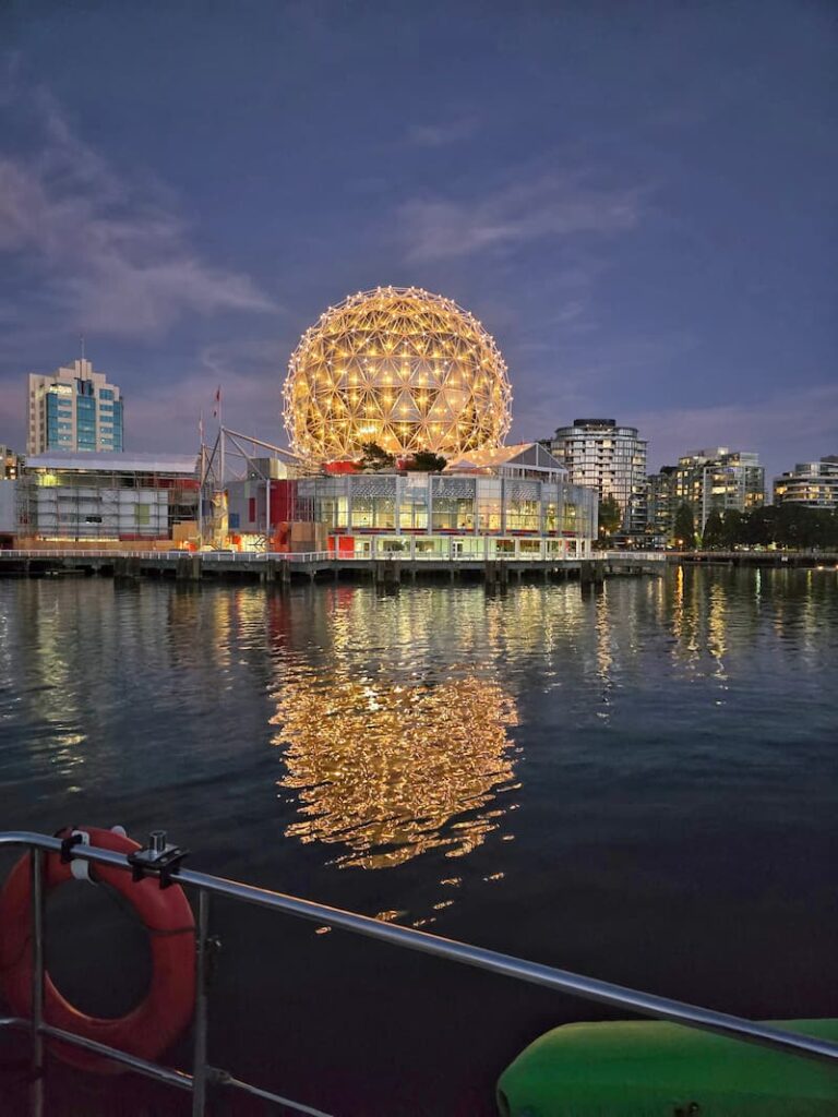 Science World near False Creek, Vancouver lit up at night