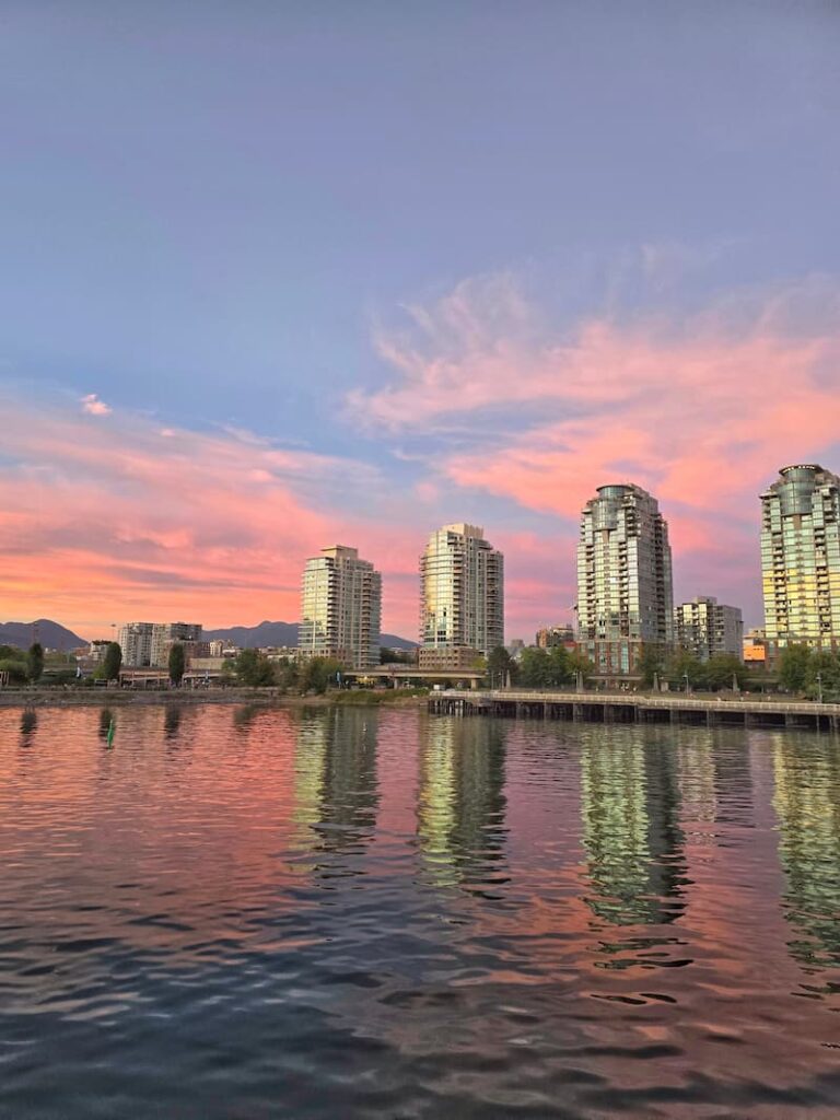 beautiful sunset in False Creek anchored on boat in Vancouver