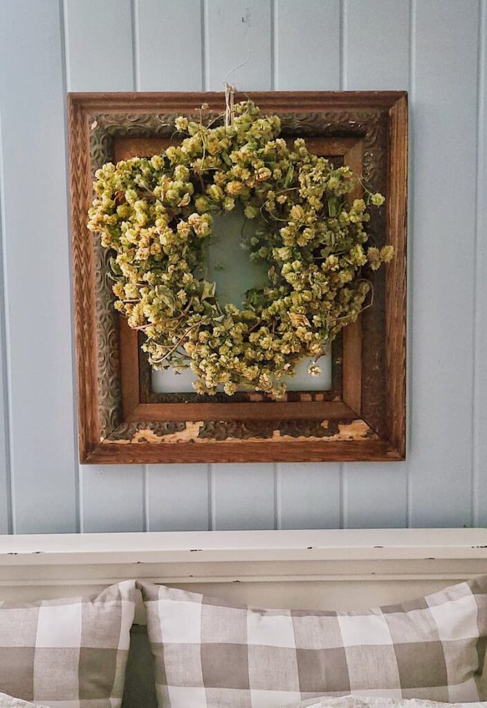 wreath made of dried hops hanging in a vintage wooden frame on wall