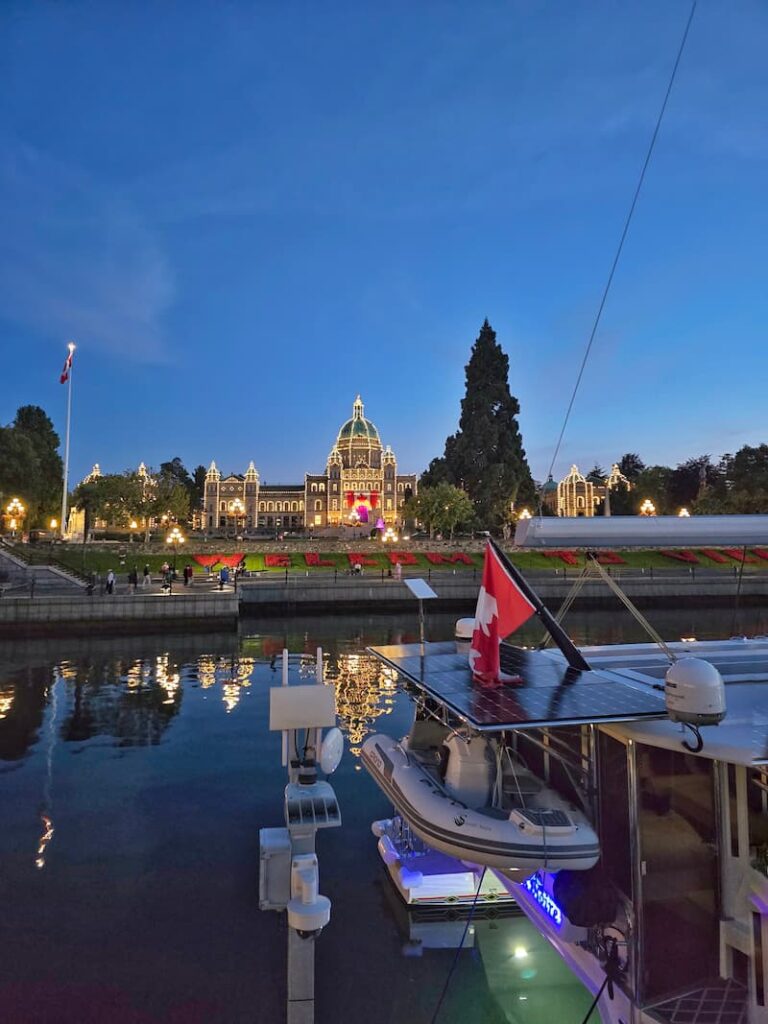 Parliament Building in Victoria lit up in the evening