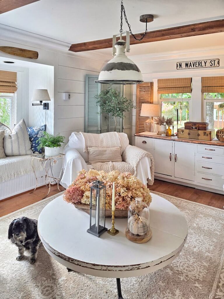 cottage living room decorated for fall