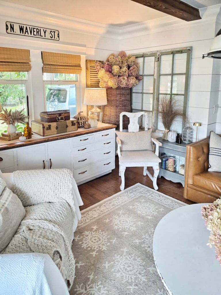 cottage living room decorated for fall