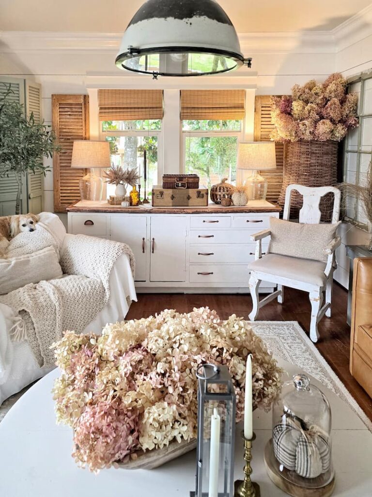 cottage living room decorated for fall