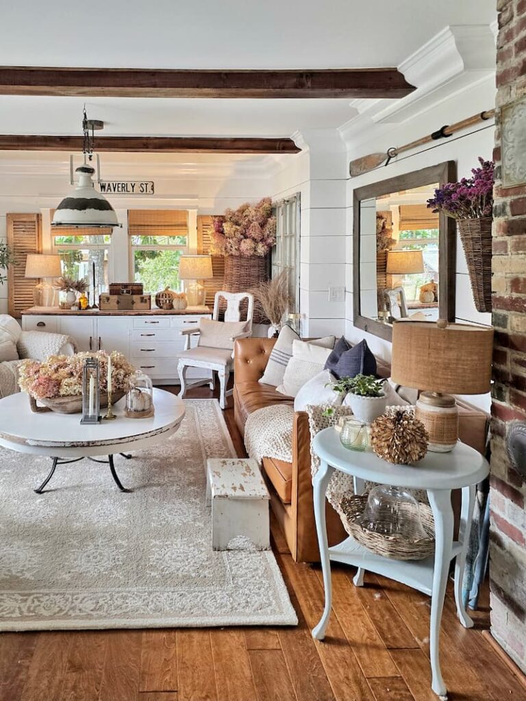 cottage living room decorated for fall