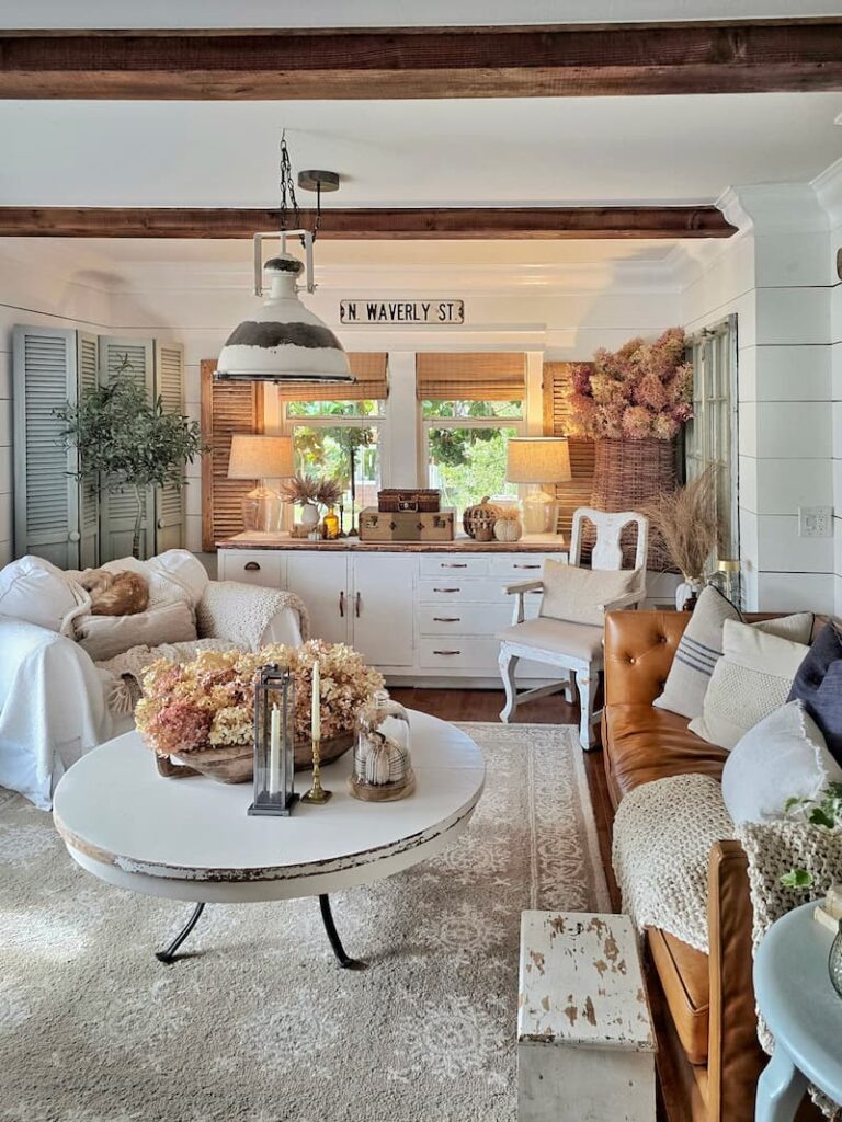 cottage living room decorated for fall