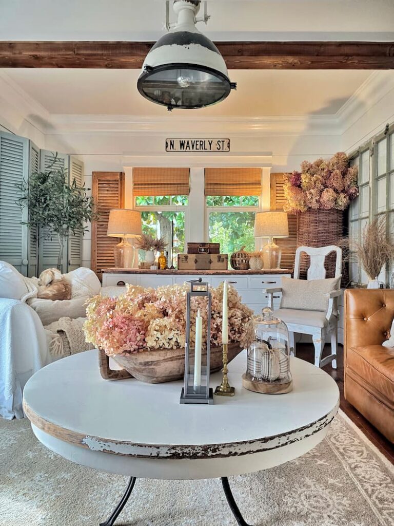 cottage living room decorated for fall