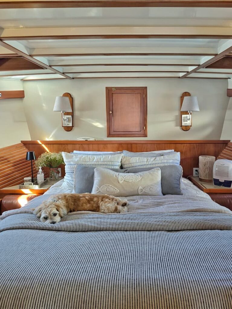 stateroom on the boat with cream dog on the bed