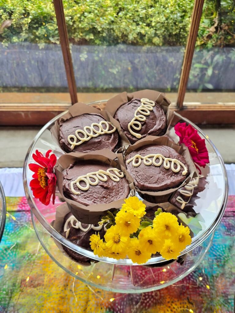 chocolate cupcakes with yellow flowers