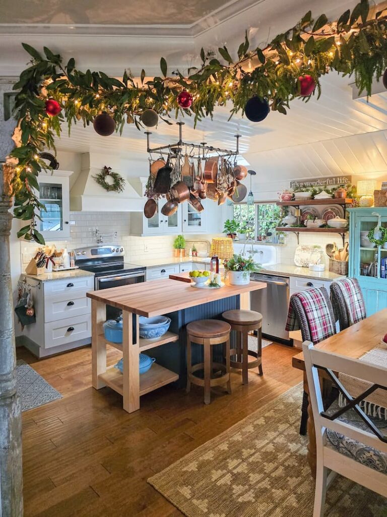 cottage style kitchen decorated for Christmas