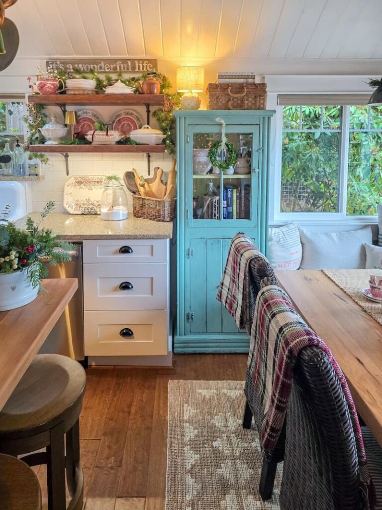 cottage kitchen decorated for Christmas