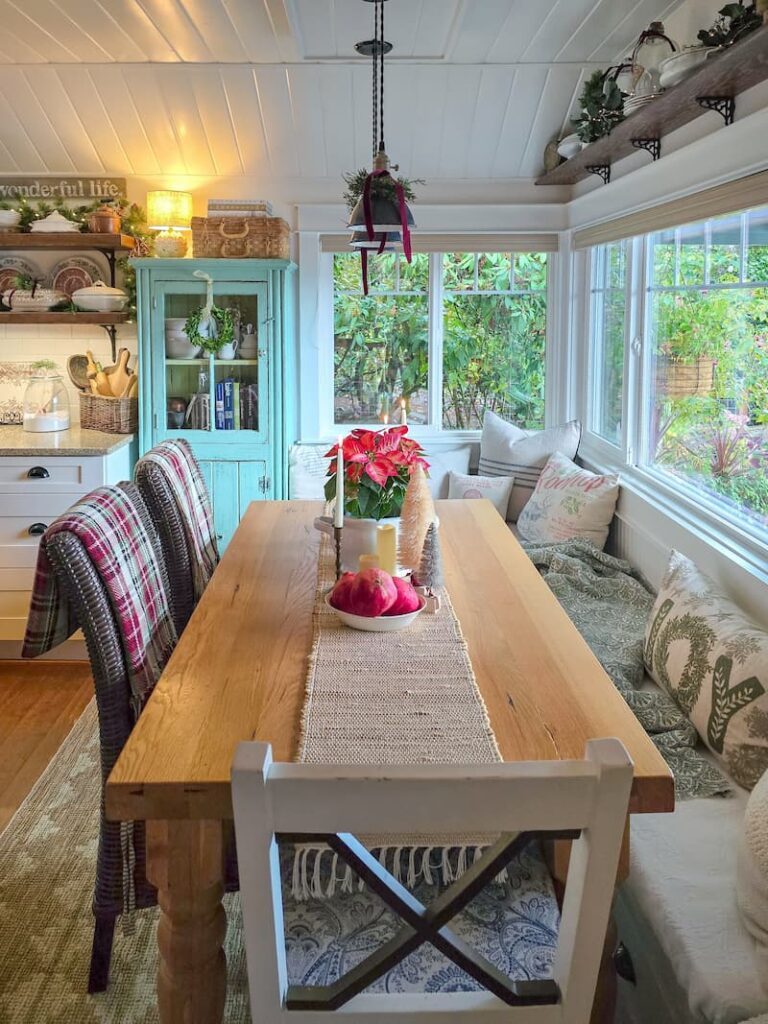 kitchen table decorated for Christmas