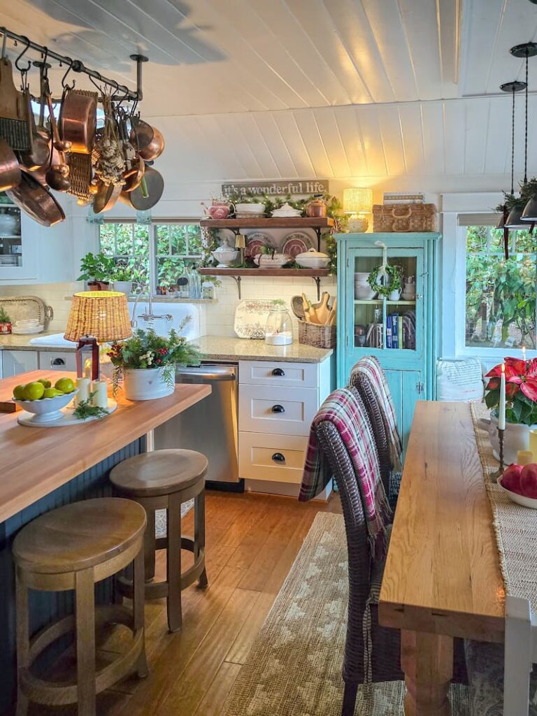 cottage kitchen decorated for Christmas