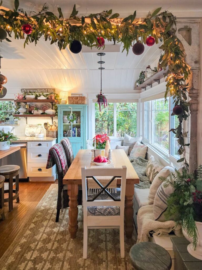 kitchen eating area decorated for Christmas
