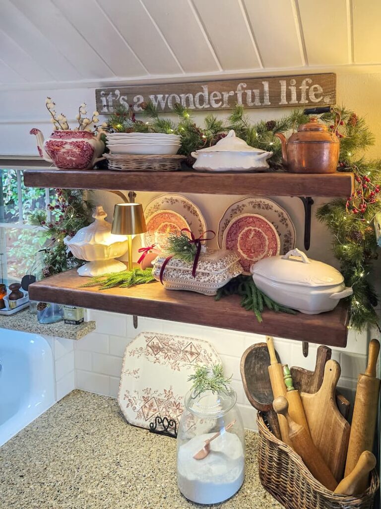  open shelving in kitchen with vintage transferware and ironstone