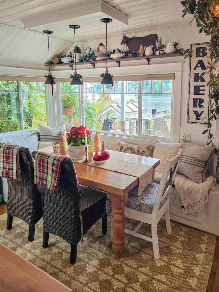 kitchen table decorated for Christmas