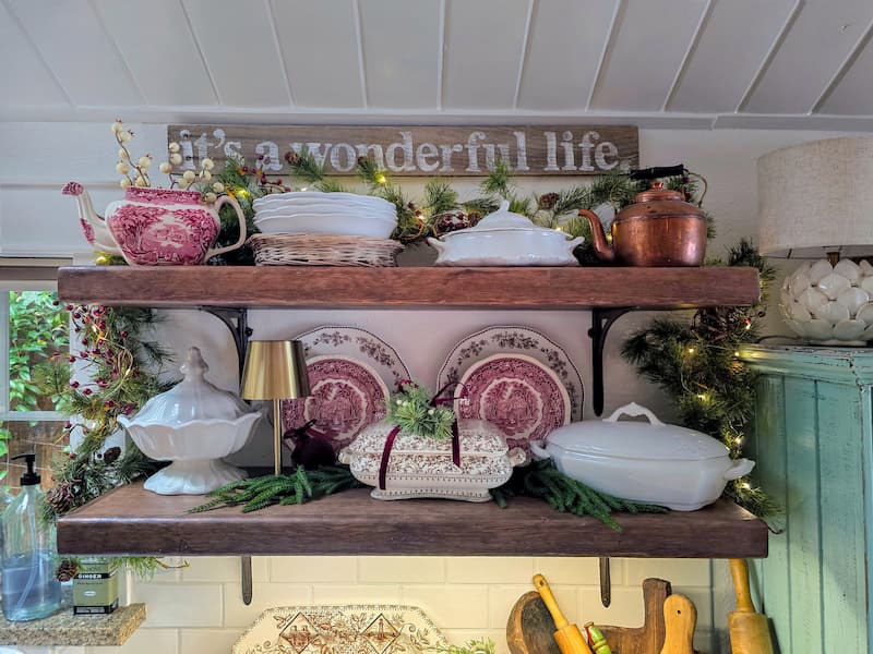  open shelving in kitchen with vintage transferware and ironstone