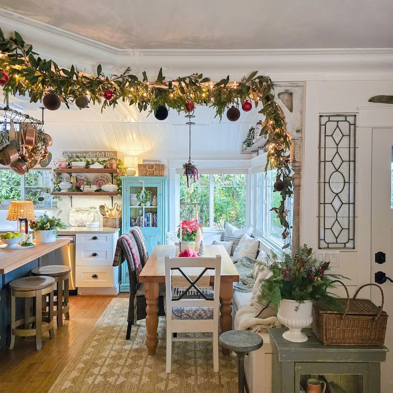 kitchen eating area decorated for Christmas
