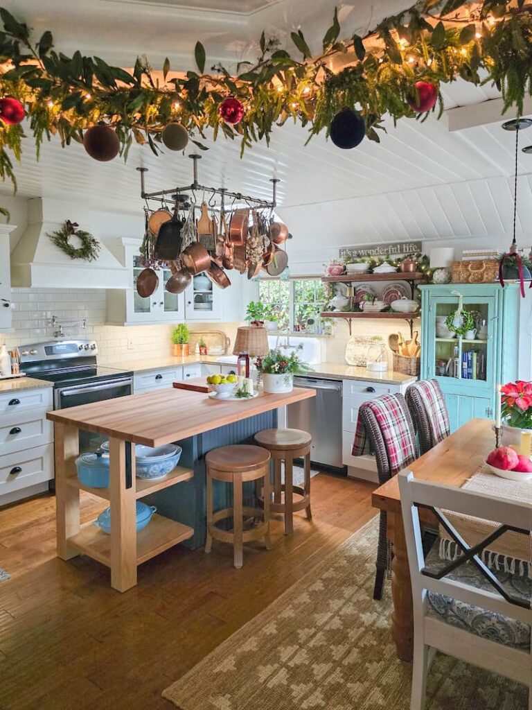cottage kitchen decorated for Christmas