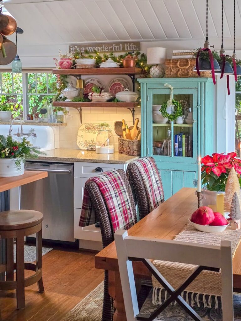 cottage kitchen decorated for Christmas
