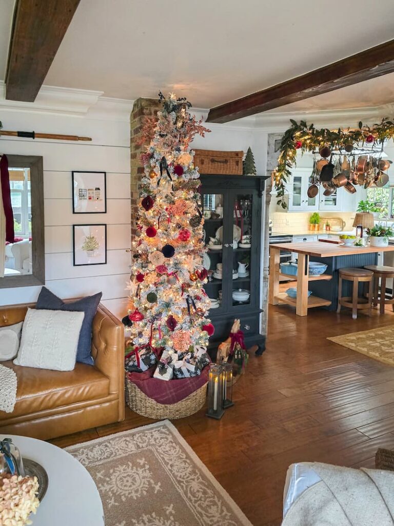 living room and kitchen decorated for Christmas