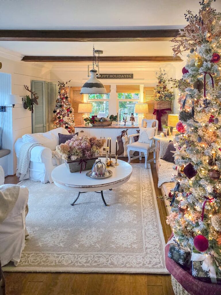 cottage living room decorated for Christmas