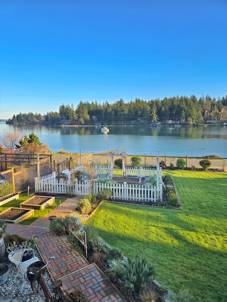 January late sunny afternoon view of the garden and bay