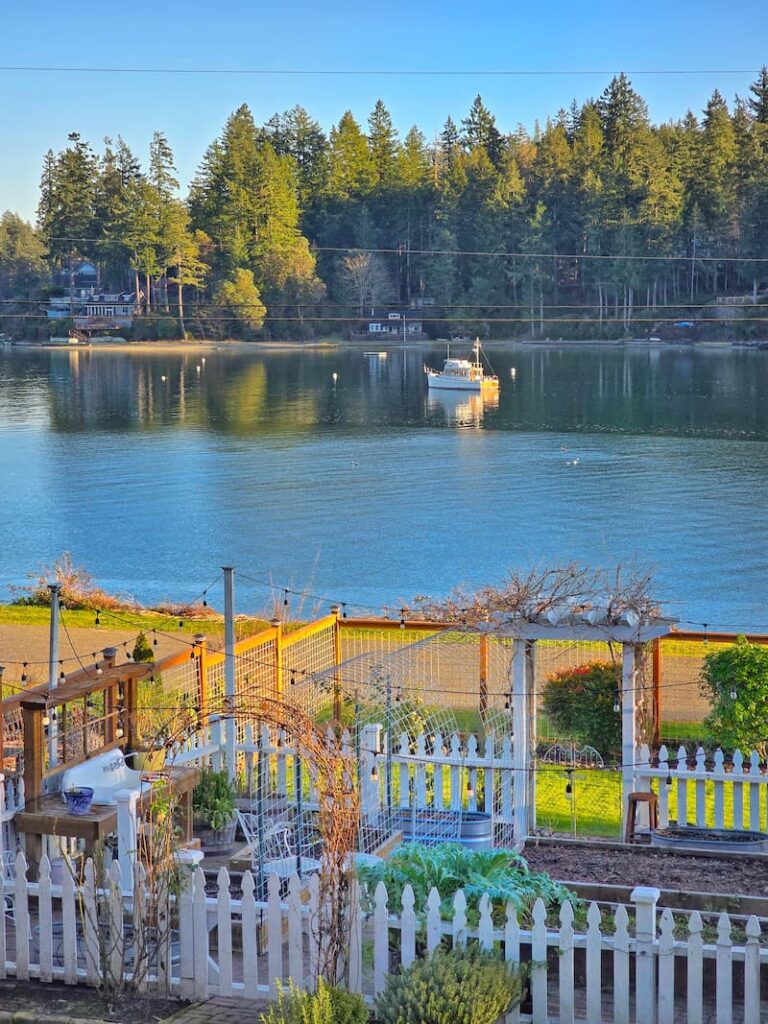 January late sunny afternoon view of the garden and bay