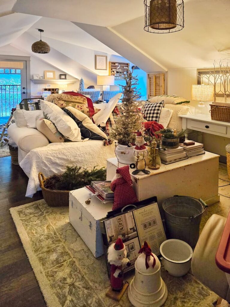 Christmas decoration piles all over the messy room